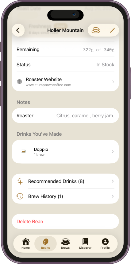 A bean's detail screen with a new Recommended Drinks row