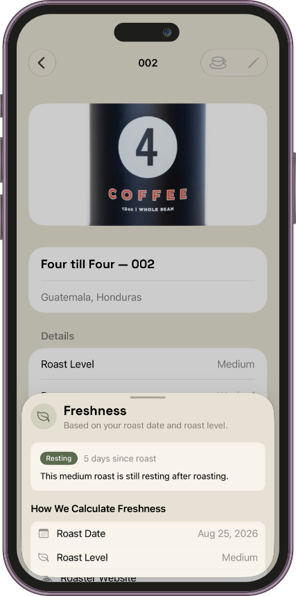 Freshness explainer for a resting medium-roast coffee bean