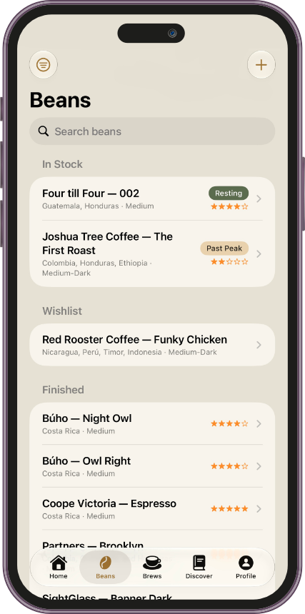 The redesigned Beans list with search, sections, and freshness indicators