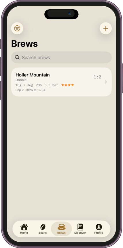 The Brews tab with a new search bar and a logged shot