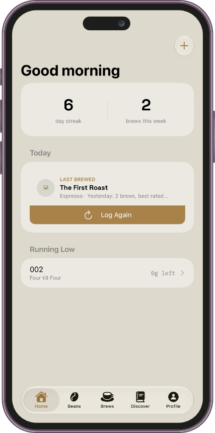 Home screen with the new unified Log Again recap card