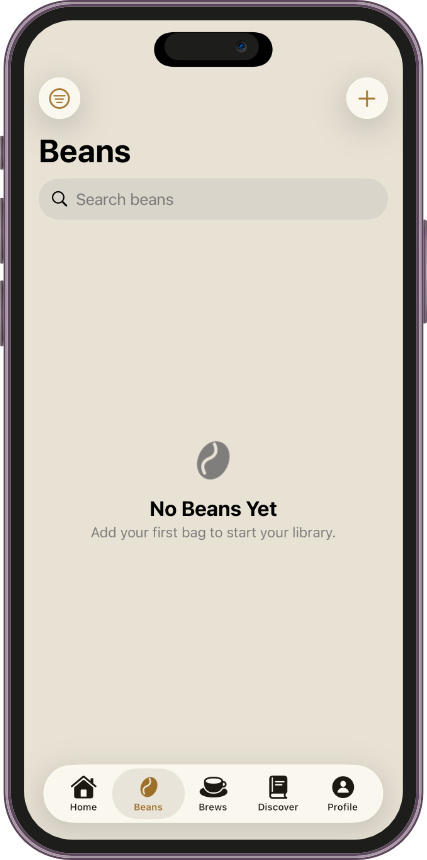 The Beans screen's new empty state, showing No Beans Yet