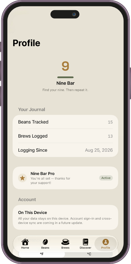 Profile screen showing Nine Bar Pro and on-device data status