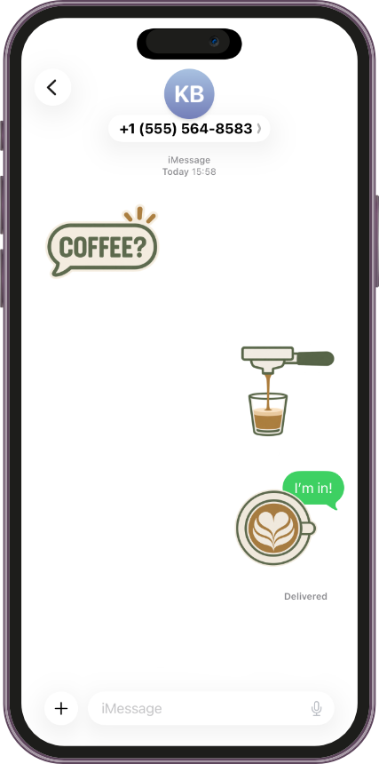 Nine Bar stickers used in a Messages conversation, including the espresso pour and latte heart stickers