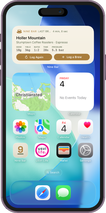 The medium Nine Bar Home Screen widget showing the last brew with Log Again and Log a Brew buttons